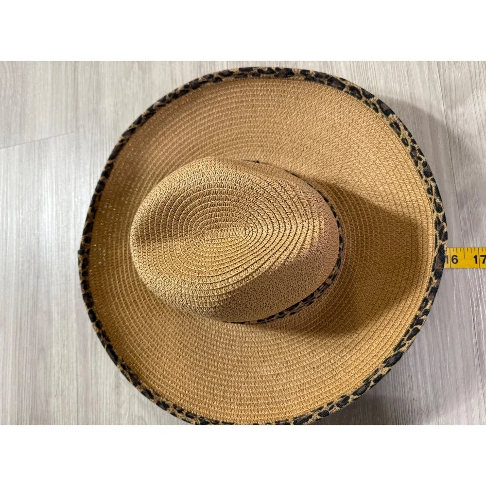Cruise Club Tan Straw Sun Hat Leopard Print Trim Wide Brim Beach Fedora Womens